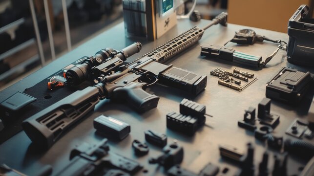 Modern sporting rifle, along with various accessories and parts, lies on a workbench, potentially during maintenance, customization, or manufacturing within a gunsmithing workshop