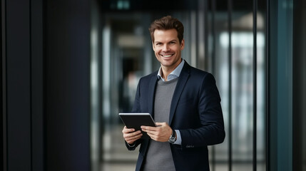 Fototapeta premium Smartly Dressed Professional Holding Tablet: Confident Leader in Modern Office Hallway with Natural Light