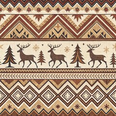Seamless Winter Holiday Pattern Reindeer Geometric Beige Brown and Tan