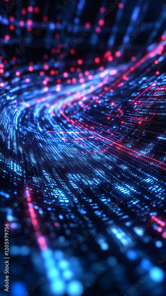 Poster Flowing binary code creates a digital stream in cyberspace, representing data transfer and information technology