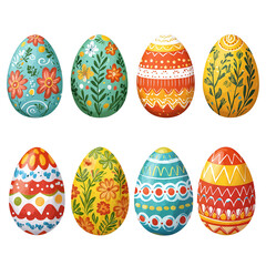 Vector illustration of colorful Easter eggs with different patterns, flat design. Isolated on transparent background. Cutout.