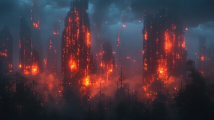 Fototapeta premium Majestic Ruins Amidst a Fiery Inferno in a Dystopian Landscape