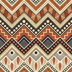 Geometric Ethnic Textile Pattern Seamless Zigzag Tribal Design in Orange Beige and Black