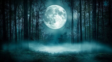 Naklejka premium Mystical Moonlight Illuminates Eerie Forest Scene with Foggy Ground