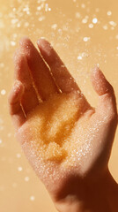 Fototapeta premium Gentle exfoliation concept: hand care with sugar scrub for smooth skin and beauty routine