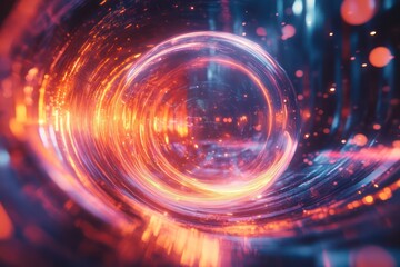 Obraz premium A product encased in a bubble of light, surrounded by abstract patterns and glowing elements creating a high-tech and immersive visual effect.