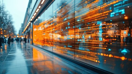 Obraz premium A futuristic cityscape with illuminated digital patterns reflecting on a glass facade.