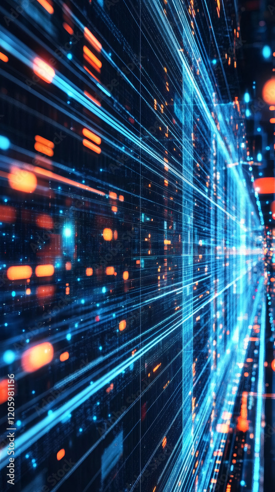 Poster complex data streams flowing through futuristic server racks, visualizing big data processing and ne