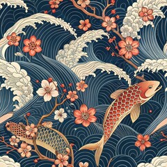 Seamless Japanese Koi Fish and Cherry Blossom Wave Pattern Asian Art Design Fabric Print
