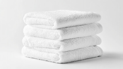 Fresh clean stack of soft white towels for bathroom and spa comfort
