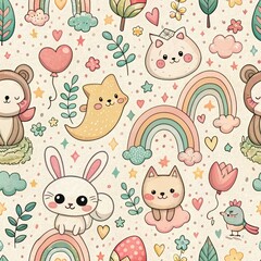 Adorable Cartoon Animals Rainbows and Flowers Seamless Pattern Background Illustration