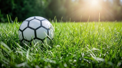 Fototapeta premium Soccer Ball Resting in Tall Green Grass at Sunset