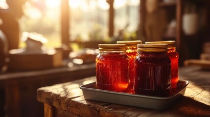 Homemade jam jars in sunlight.