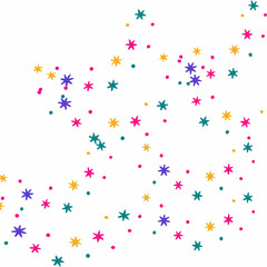 A cheerful and playful pattern of colorful stars and dots against a clean white background.