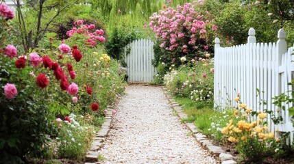 Serene Rose Garden Path: A Picturesque Walkway Through Blooming Roses and a White Picket Fence
