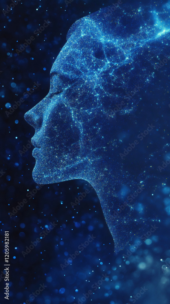 Aufkleber Abstract woman portrait with glowing particles network, representing artificial intelligence and neural network concept