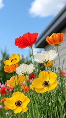 A vibrant display of colorful flowers in a garden under a blue sky, showcasing red, yellow, white, and orange blossoms.