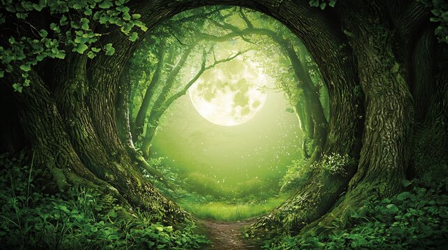 Magical moonlight path through an enchanted forest opening with a full moon glow