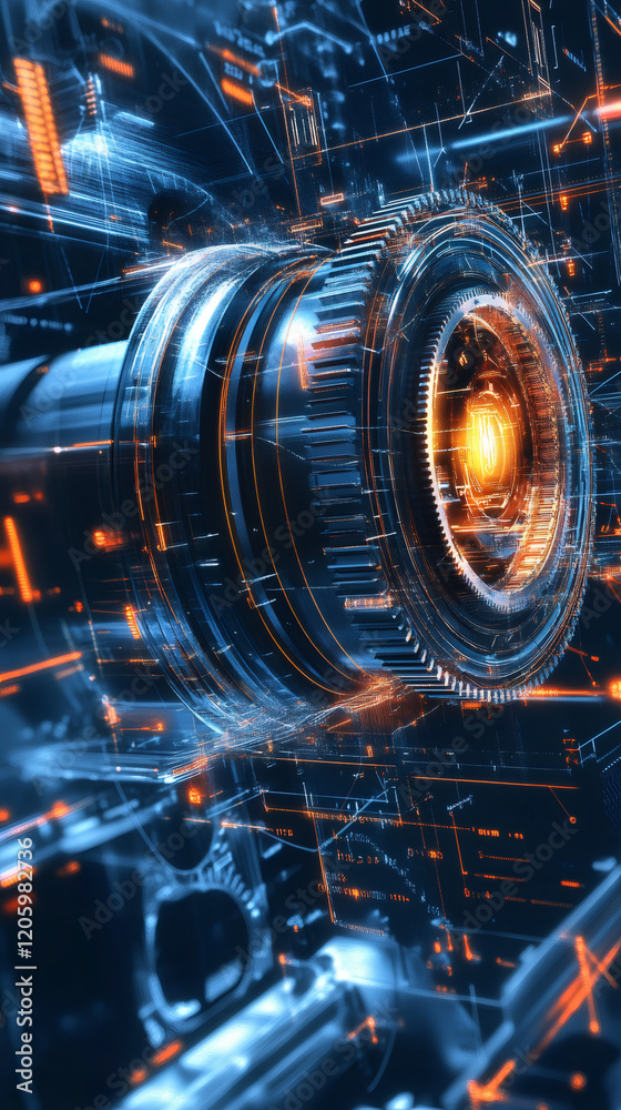 Poster rotating high-tech camera lens displaying precision engineering, digital data processing, technologi