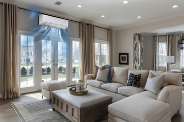 Fototapeta premium Modern living room with air conditioner running, curtains drawn, and remote placed on sofa