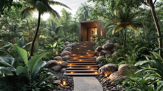 Jungle retreat entrance with lit stairs, lush foliage, and sunset glow
