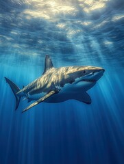 Fototapeta premium Majestic shark swimming near ocean surface in dynamic underwater scene.