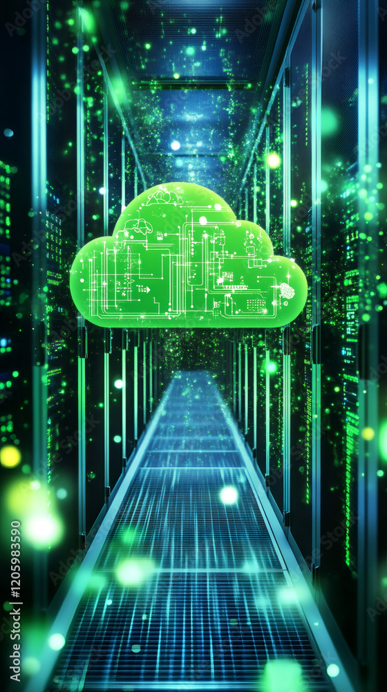 Aufkleber green cloud computing symbol with electronic circuit inside server room, representing data storage a