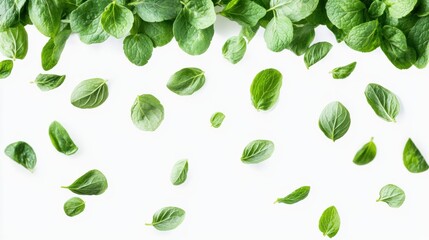 Fresh Green Leaves Falling on White Background for Nature Theme