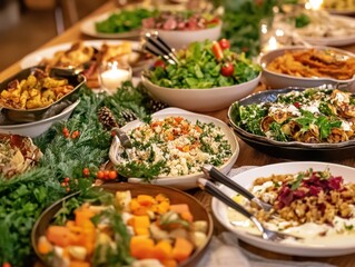 A festive dinner party with vegetarian dishes, featuring a long table filled with various plant-based dishes, promoting celebration and health