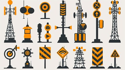A collection of various communication and traffic signs, including towers and indicators.