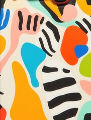 Colorful abstract pattern with bold shapes and black stripes.