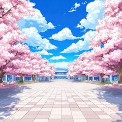 Pastel Anime School Background with Cherry Blossom Trees - High Quality and Detailed Cartoon Style Design