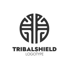 TribalShield logo design with a bold, symmetrical, and abstract pattern in black and white, conveying strength and cultural heritage