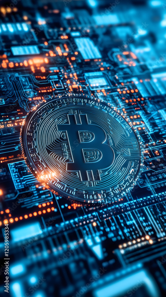 Aufkleber bitcoin cryptocurrency resting on electronic circuit board, symbolizing digital currency and blockch