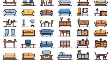 A collection of various furniture items in a flat design style for interior decoration purposes.