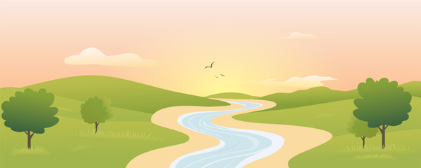 Fototapeta premium Landscape of a river flowing among green fields, meadows, forests and hills. Beautiful summer landscape. Morning in nature. Green grass and river. Fields and fast river.