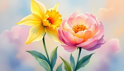 Naklejka premium A stunning watercolor floral design featuring an array of blooming flowers, perfect for invitations, decor, or botanical themes.