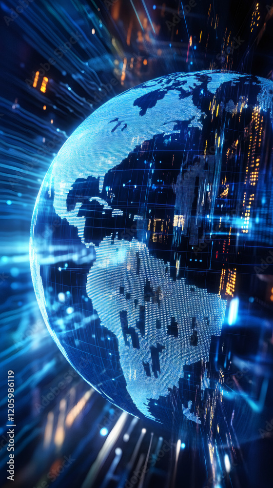 Aufkleber futuristic digital earth rotating, symbolizing global data transmission and network connections in c