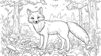 Cute and whimsical fox, surrounded by forest elements like mushrooms and trees, drawn with smooth lines for an easy and enjoyable coloring experience