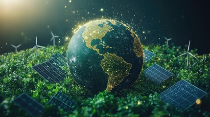 Naklejka premium A glowing Earth surrounded by renewable energy sources like solar panels and wind turbines on lush greenery.