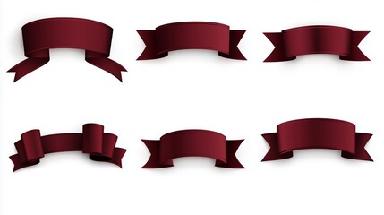 Set of burgundy ribbon labels on a white background.