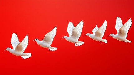 Fototapeta premium White birds flying peacefully in the sky n a red background.