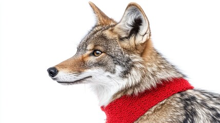 Fototapeta premium Coyote Portrait with Red Scarf against White Background