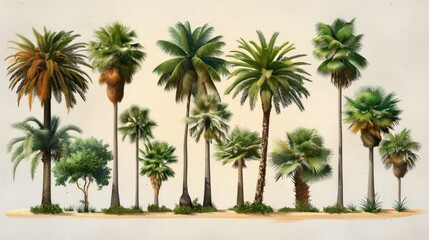 Fototapeta premium A collection of various palm trees illustrated against a light background, showcasing their diversity.