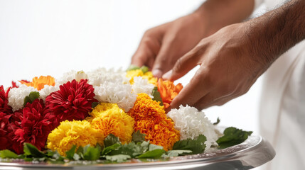Man arranging flowers on puja thali for traditional indian ritual celebration