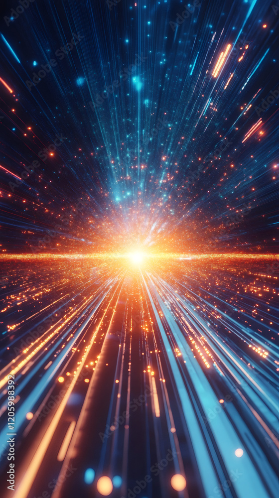 Poster Streaks of light and glowing particles creating a sense of speed and motion through a cosmic space
