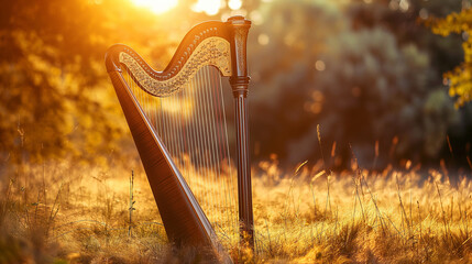 Elegant Handmade Harp in a Sunlit Meadow