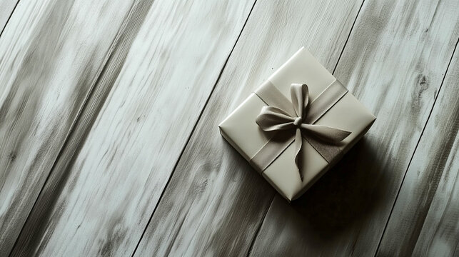 Elegant white gift box with ribbon resting on rustic wooden background, perfect for special occasions and celebrations
