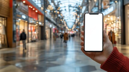 Hand Holding Smartphone in Modern Shopping Mall with Empty Screen