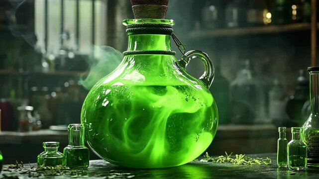 Mysterious green potion in a glass bottle surrounded by herbs and smaller containers in a dimly lit alchemist's workshop